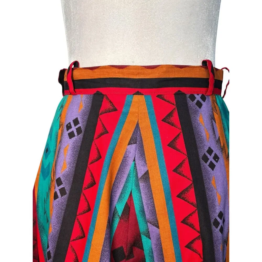 Vintage Handmade Southwestern Geometric Flowing Midi Skirt Lace Trim‎ Boho Ranch